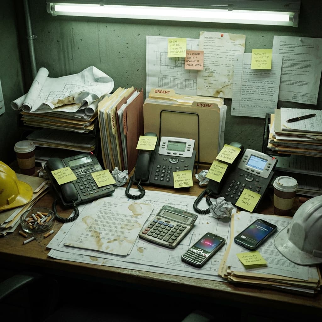 Messy construction desk